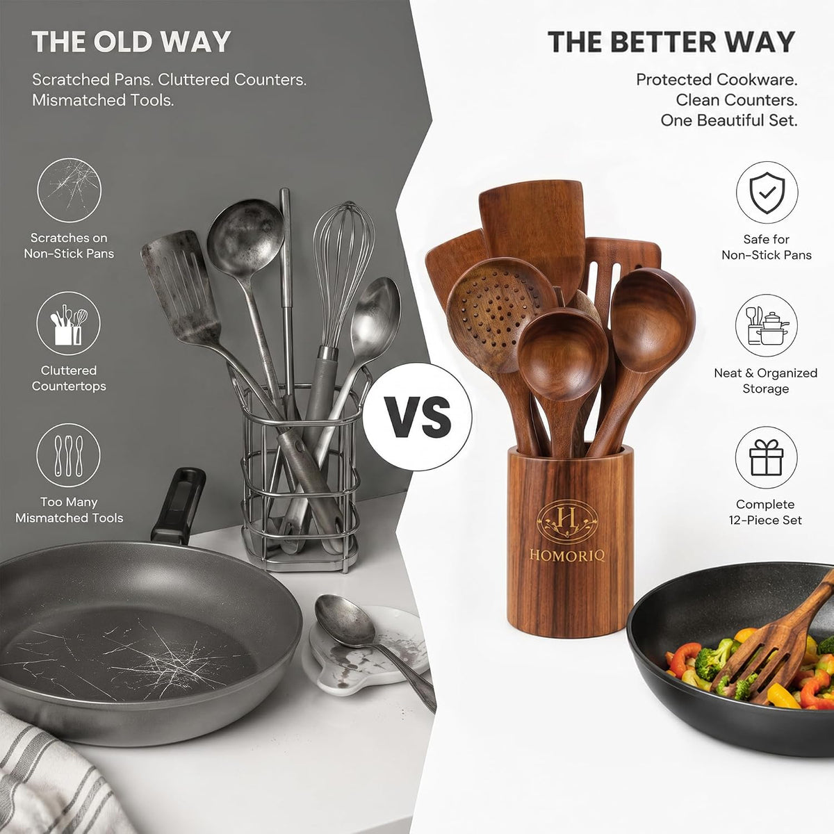 9 Piece Premium Teak Wooden Cooking Utensils Set- Spoons and Spatulas with Holder and Spoon Rest, Heat-Resistant, Non-Stick Safe, Lightweight Kitchen Tools (9)