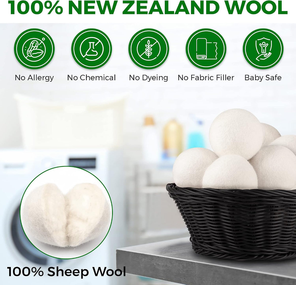 Wool Tumble Dryer Balls– Eco-Friendly Organic Fabric Softener, Reduce Wrinkles & Drying Time, save Energy, Reusable, Handmade, 100% New Zealand Wool, Baby Safe, Unscented, XL Size (Pack of 4)