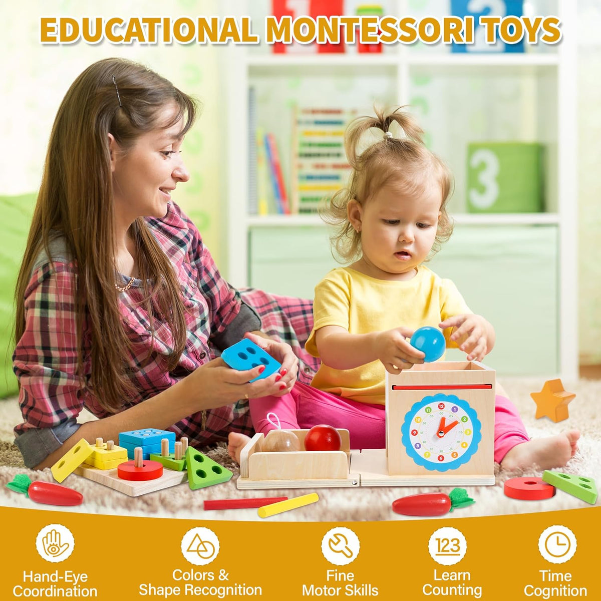 8-In-1 Wooden Educational Play Kit, Montessori Toys for 1 Year Old | One Year Old Birthday Gifts, Object Permanent Box, Coin Box, Carrot Harvest, Shape Sorting & Stacking, Fine Motor Skills