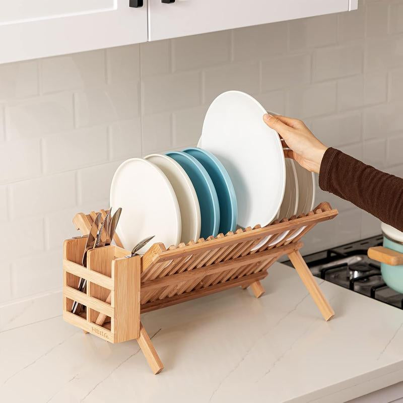 Bamboo 2-Tier Collapsible Dish Rack with Utensil Holder Set