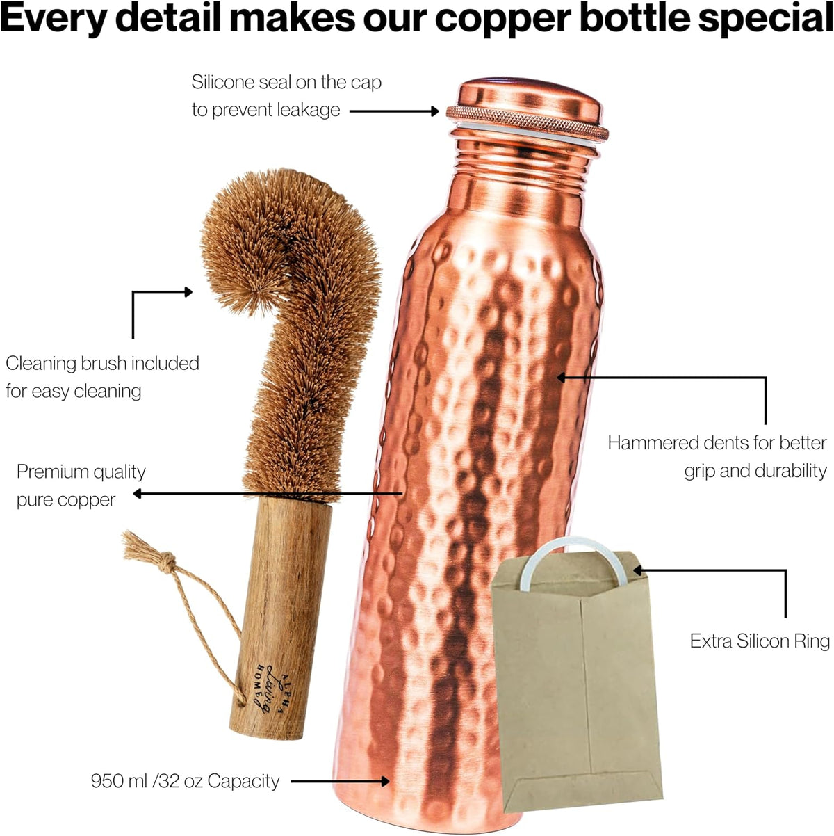 Copper Water Bottle, Pure Copper Drinking Bottle 32 Oz, Hammered, Ayurvedic