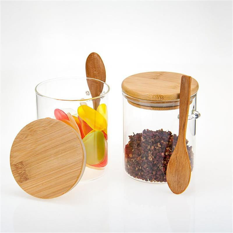 Round Glass Spice Jar with Bamboo Lid & Spoon, Clear Food Storage Container, Kitchen Utensils & Gadgets for Home