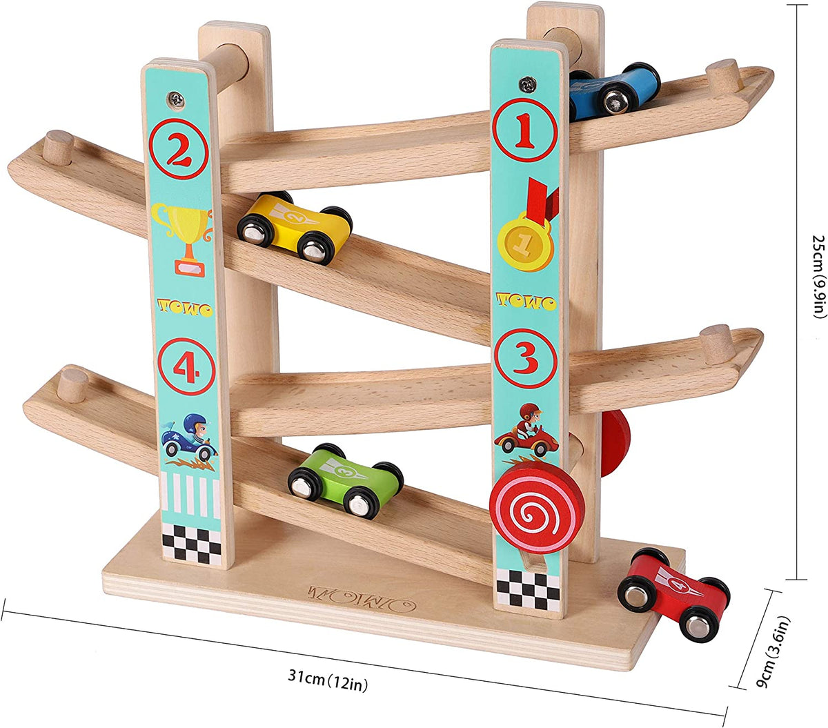 TOWO Wooden Car Ramp Toy, Beech Wood Zig Zag Race Track with 4 Cars | Includes 4 Wooden Cars for Click-Clack Racing Fun; Zig Zag Car Slide Supports Hand-Eye Coordination, Age 18M+