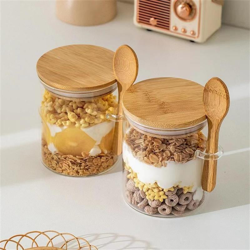 Round Glass Spice Jar with Bamboo Lid & Spoon, Clear Food Storage Container, Kitchen Utensils & Gadgets for Home