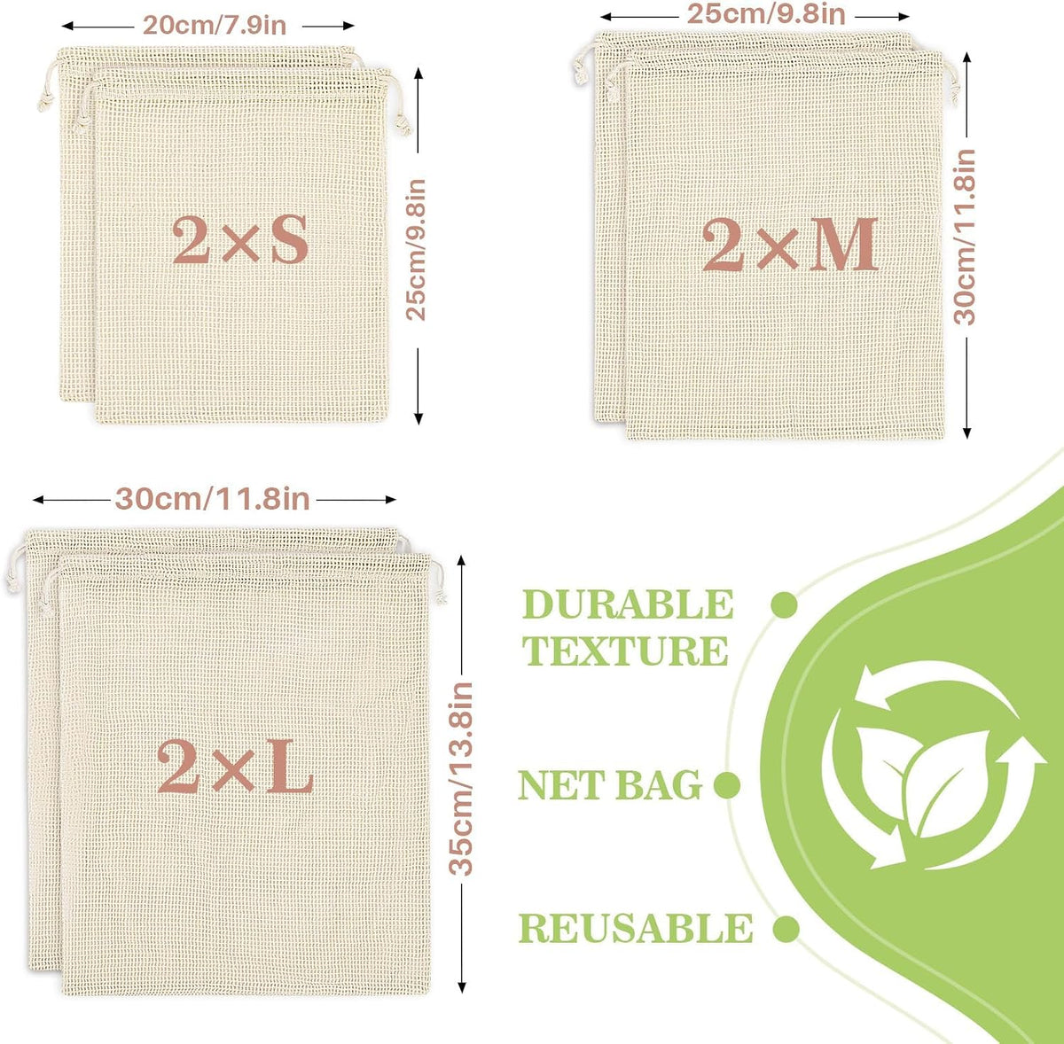 Reusable Cotton Mesh Produce Bags - 6 Pack Mesh Storage Produce Bag | Durable Double Stitched Bags with Drawstring for Vegetables, Fruit and Grocery Shopping, 2L, 2M and 2S