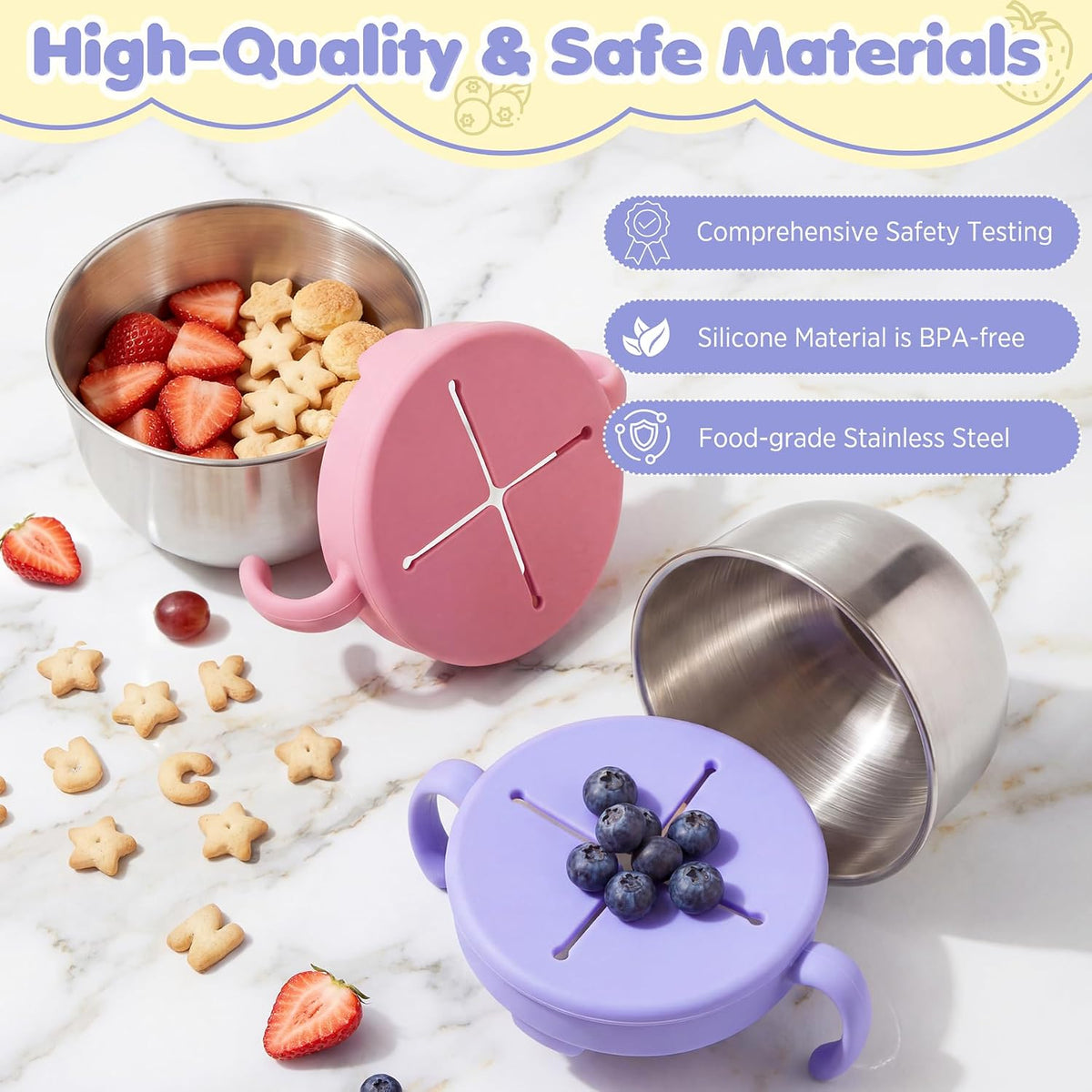 Snack Cups, 2 Pack Stainless Steel Toddler Snack Containers, Spill-Proof | Snack Bowls, Silicone Removable Lids & Handles, Food Storage Containers, Dishwasher Safe Snack Container, Baby Shower Gifts