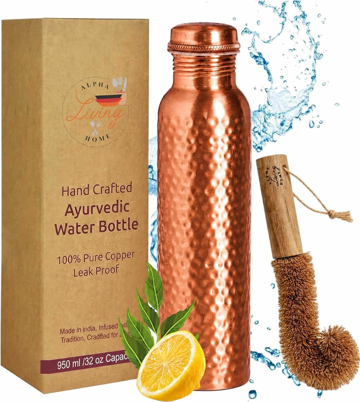 Copper Water Bottle, Pure Copper Drinking Bottle 32 Oz, Hammered, Ayurvedic