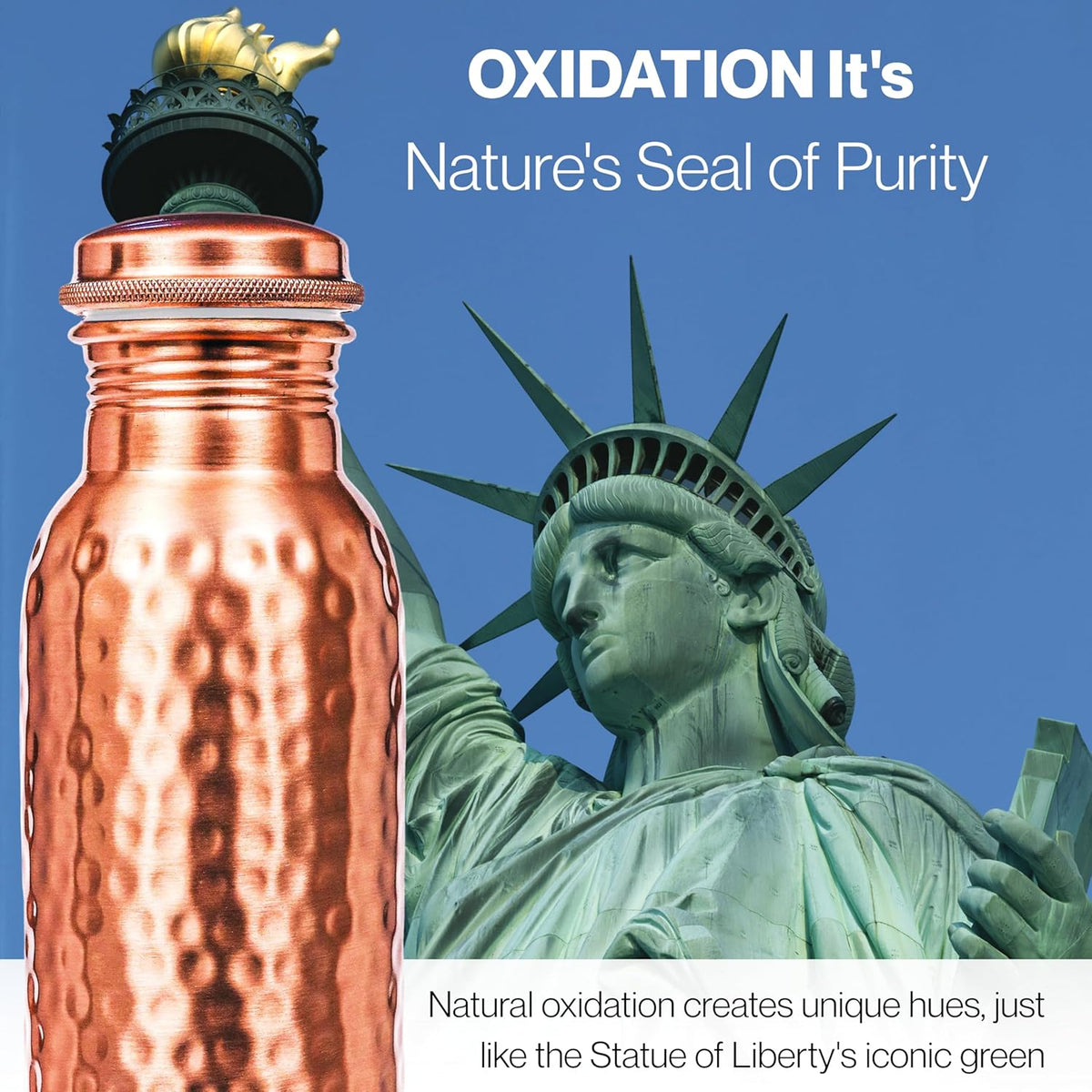 Copper Water Bottle, Pure Copper Drinking Bottle 32 Oz, Hammered, Ayurvedic