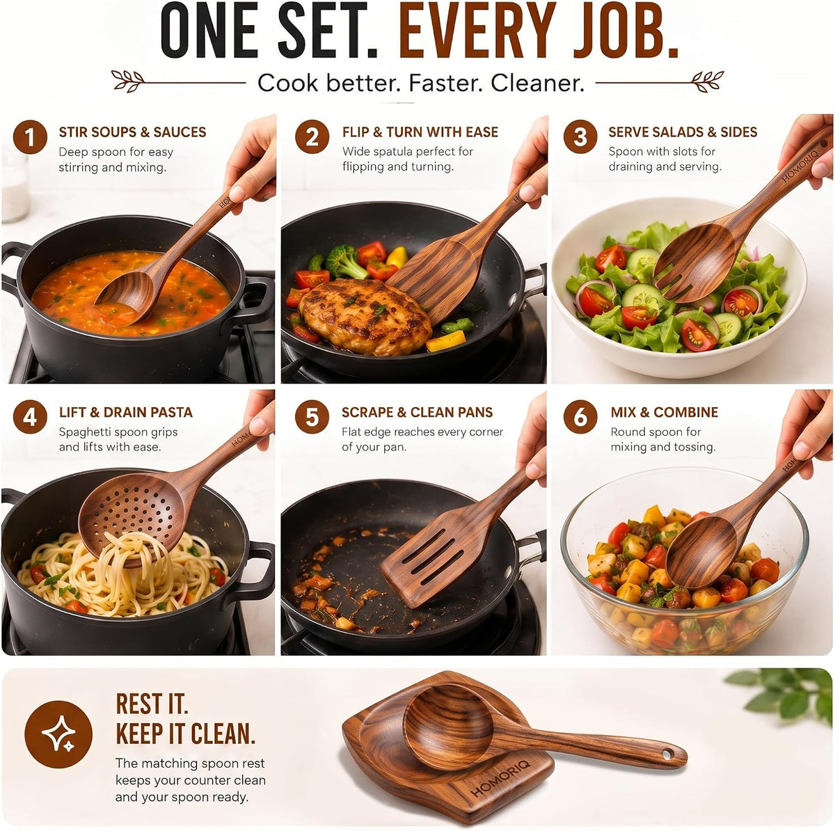9 Piece Premium Teak Wooden Cooking Utensils Set- Spoons and Spatulas with Holder and Spoon Rest, Heat-Resistant, Non-Stick Safe, Lightweight Kitchen Tools (9)