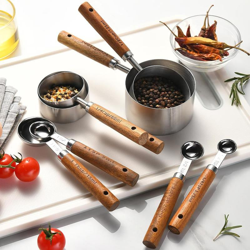 Wooden Handle Measuring Cup & Spoon Set, 8 Count