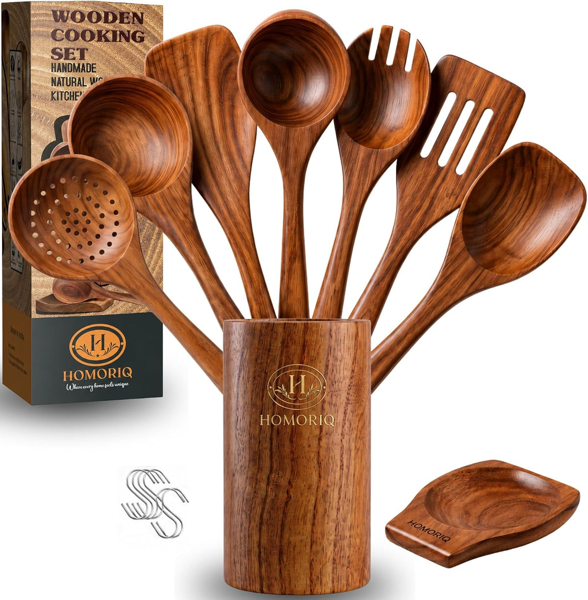9 Piece Premium Teak Wooden Cooking Utensils Set- Spoons and Spatulas with Holder and Spoon Rest, Heat-Resistant, Non-Stick Safe, Lightweight Kitchen Tools (9)