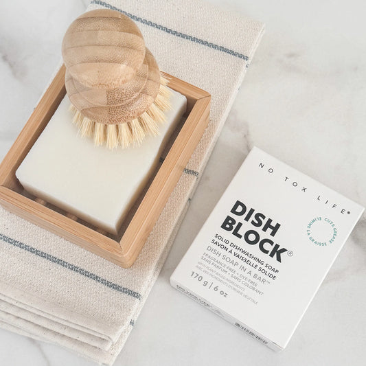 DISH BLOCK® Solid Dish Soap + Moso Bamboo Shelf + Brush - No Tox Life