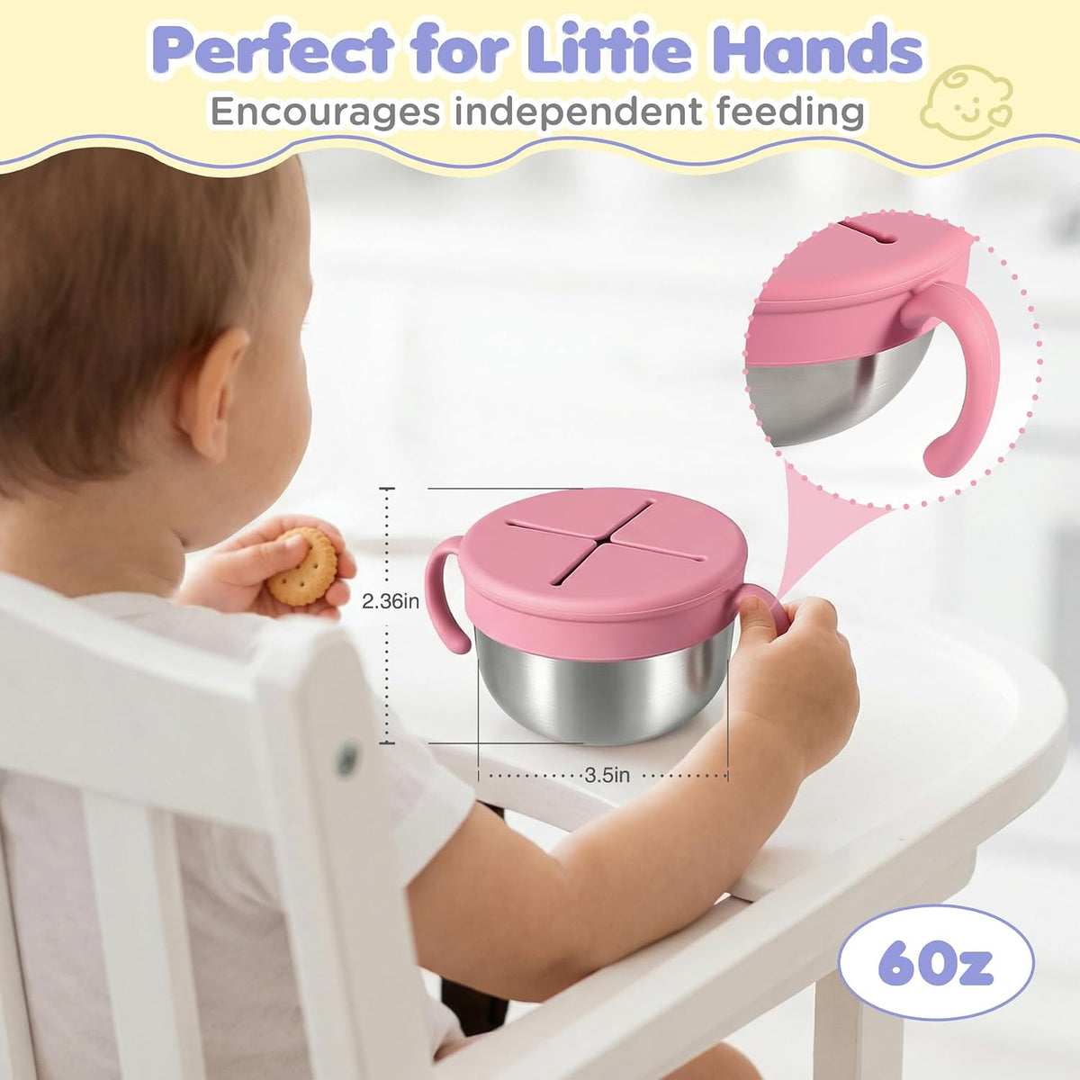 Snack Cups, 2 Pack Stainless Steel Toddler Snack Containers, Spill-Proof | Snack Bowls, Silicone Removable Lids & Handles, Food Storage Containers, Dishwasher Safe Snack Container, Baby Shower Gifts
