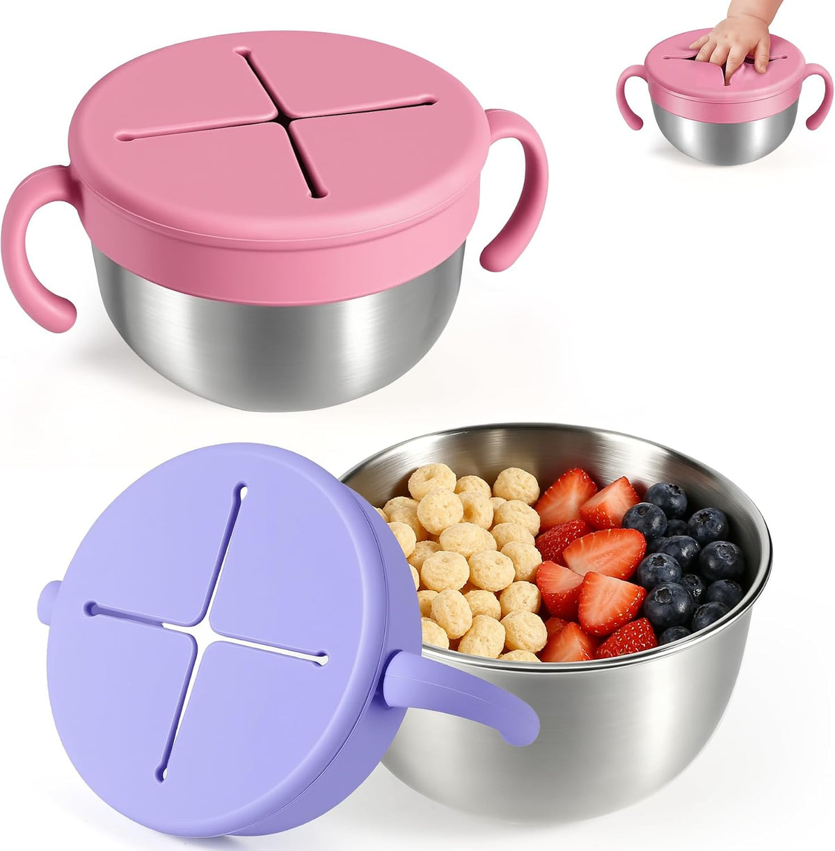 Snack Cups, 2 Pack Stainless Steel Toddler Snack Containers, Spill-Proof | Snack Bowls, Silicone Removable Lids & Handles, Food Storage Containers, Dishwasher Safe Snack Container, Baby Shower Gifts