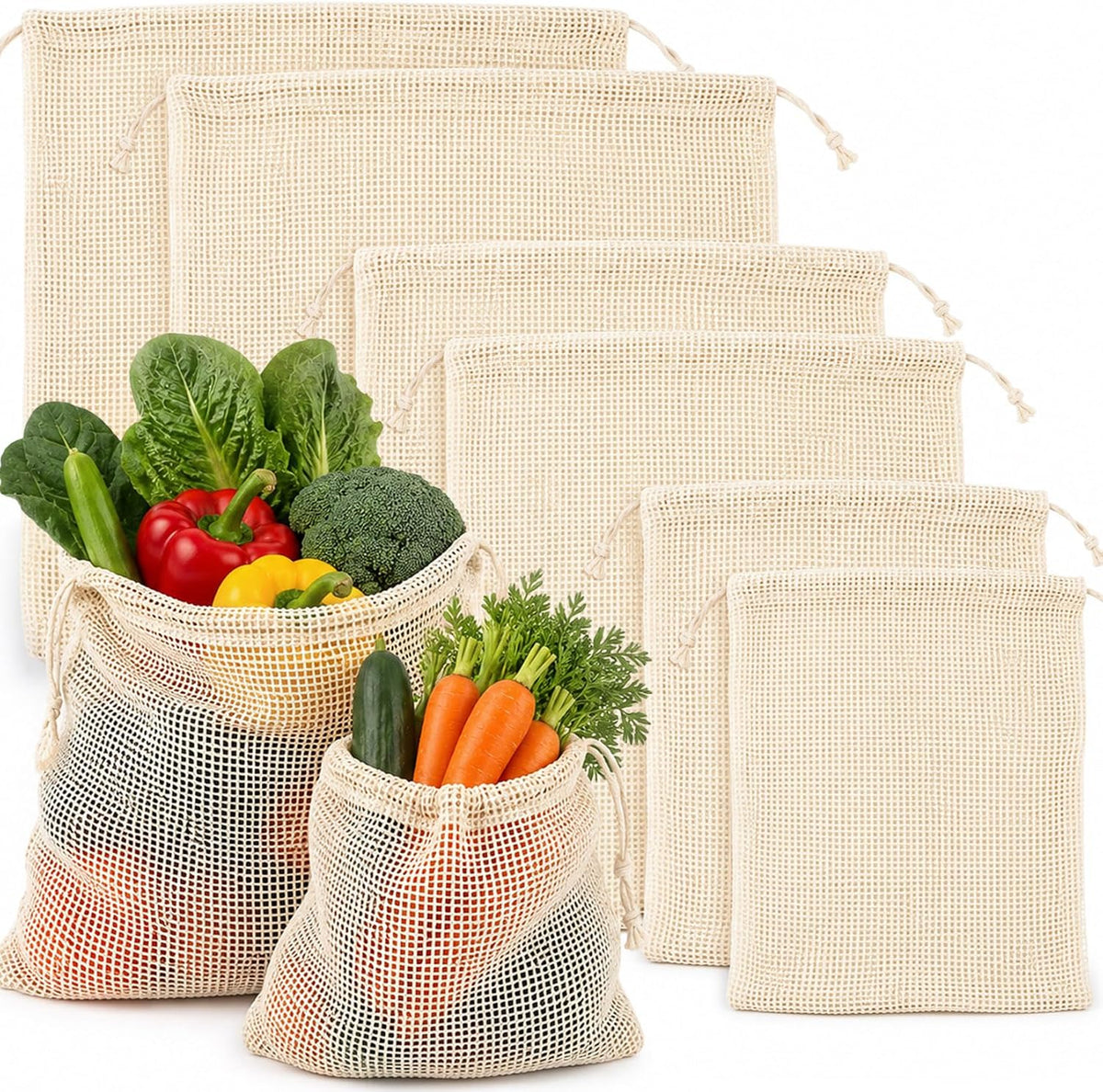 Reusable Cotton Mesh Produce Bags - 6 Pack Mesh Storage Produce Bag | Durable Double Stitched Bags with Drawstring for Vegetables, Fruit and Grocery Shopping, 2L, 2M and 2S