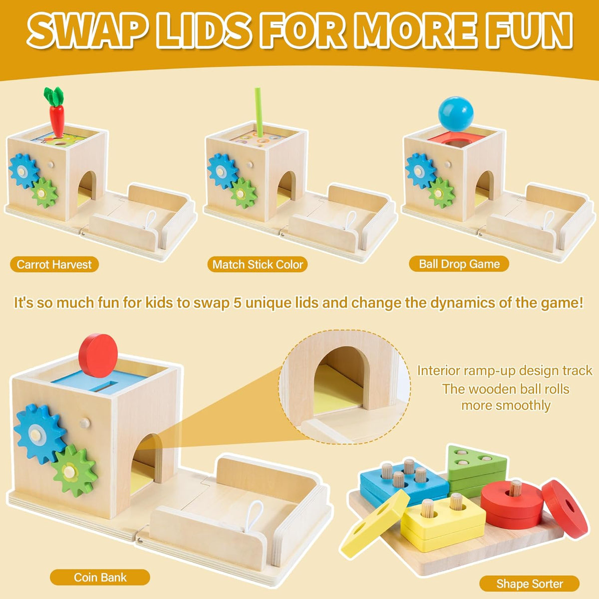 8-In-1 Wooden Educational Play Kit, Montessori Toys for 1 Year Old | One Year Old Birthday Gifts, Object Permanent Box, Coin Box, Carrot Harvest, Shape Sorting & Stacking, Fine Motor Skills