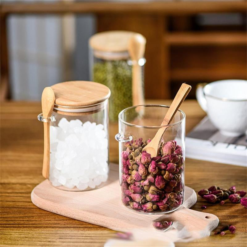 Round Glass Spice Jar with Bamboo Lid & Spoon, Clear Food Storage Container, Kitchen Utensils & Gadgets for Home