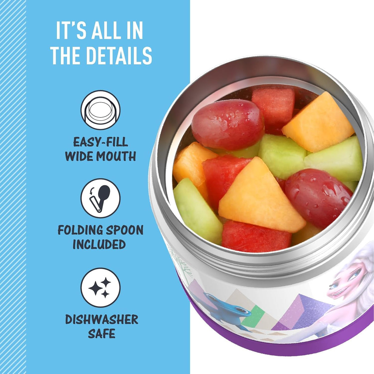 FUNTAINER Kids Food Jar with Spoon, 10Oz, Frozen 2 | Kid-Friendly Stainless Steel Insulated Food Container, Keeps Food Hot or Cold Longer for School & Play, BPA Free