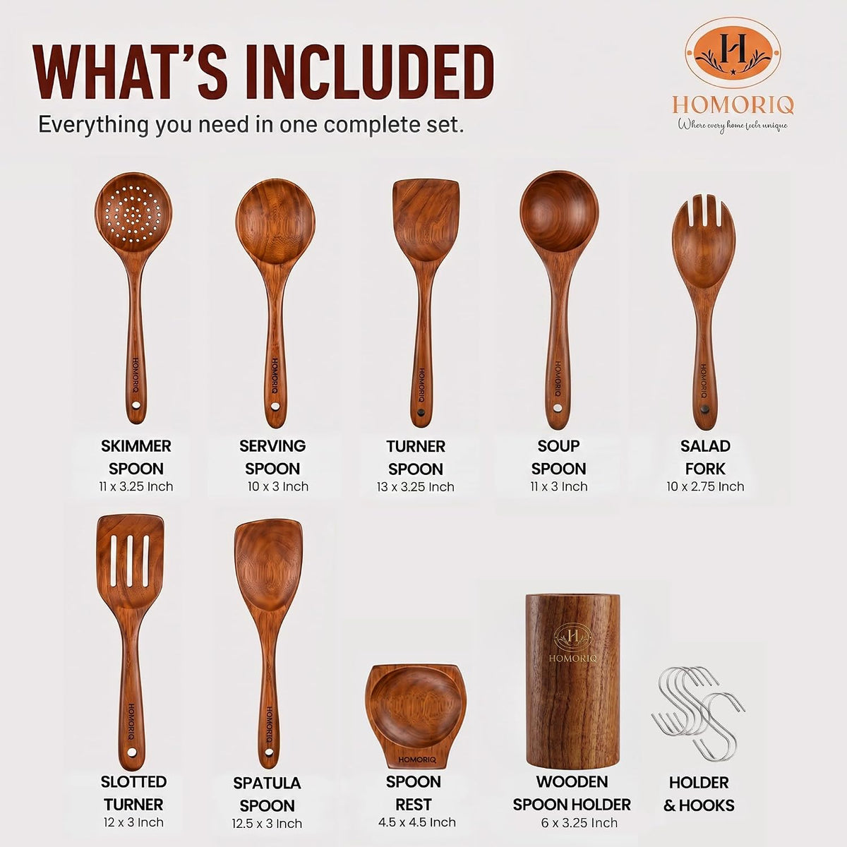 9 Piece Premium Teak Wooden Cooking Utensils Set- Spoons and Spatulas with Holder and Spoon Rest, Heat-Resistant, Non-Stick Safe, Lightweight Kitchen Tools (9)