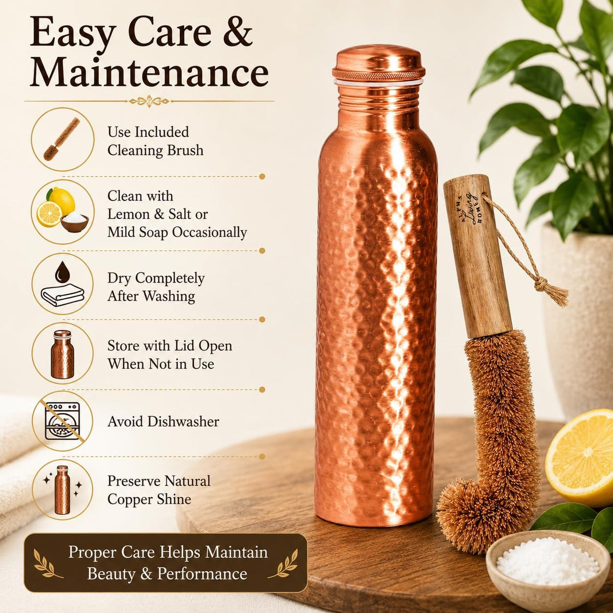 Copper Water Bottle, Pure Copper Drinking Bottle 32 Oz, Hammered, Ayurvedic