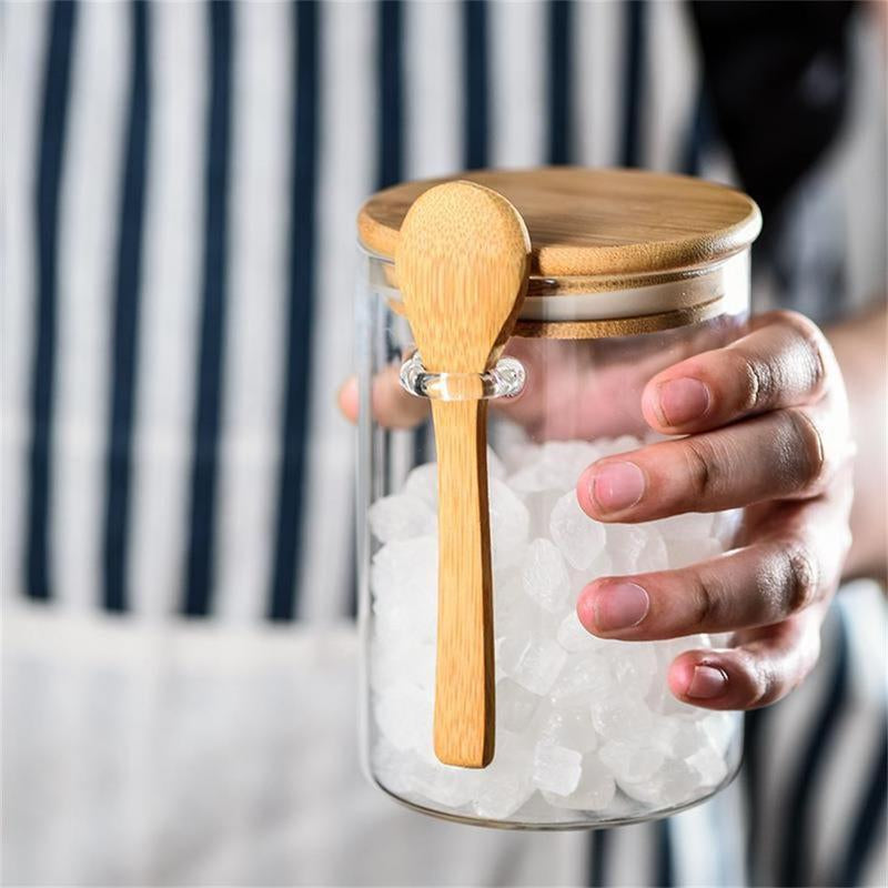 Round Glass Spice Jar with Bamboo Lid & Spoon, Clear Food Storage Container, Kitchen Utensils & Gadgets for Home