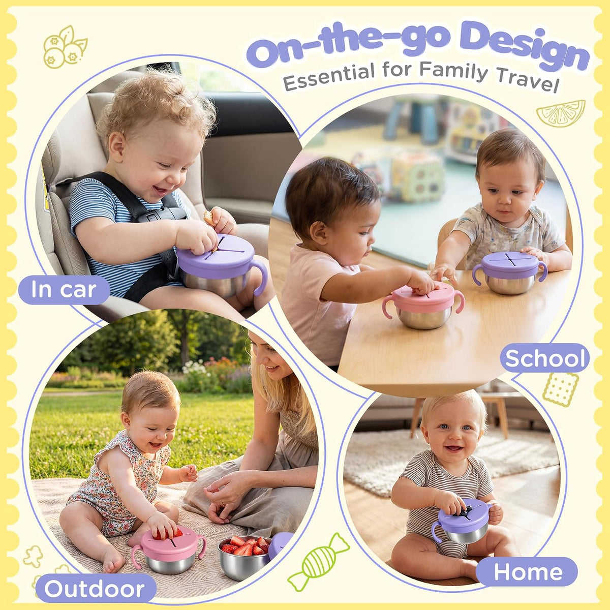 Snack Cups, 2 Pack Stainless Steel Toddler Snack Containers, Spill-Proof | Snack Bowls, Silicone Removable Lids & Handles, Food Storage Containers, Dishwasher Safe Snack Container, Baby Shower Gifts