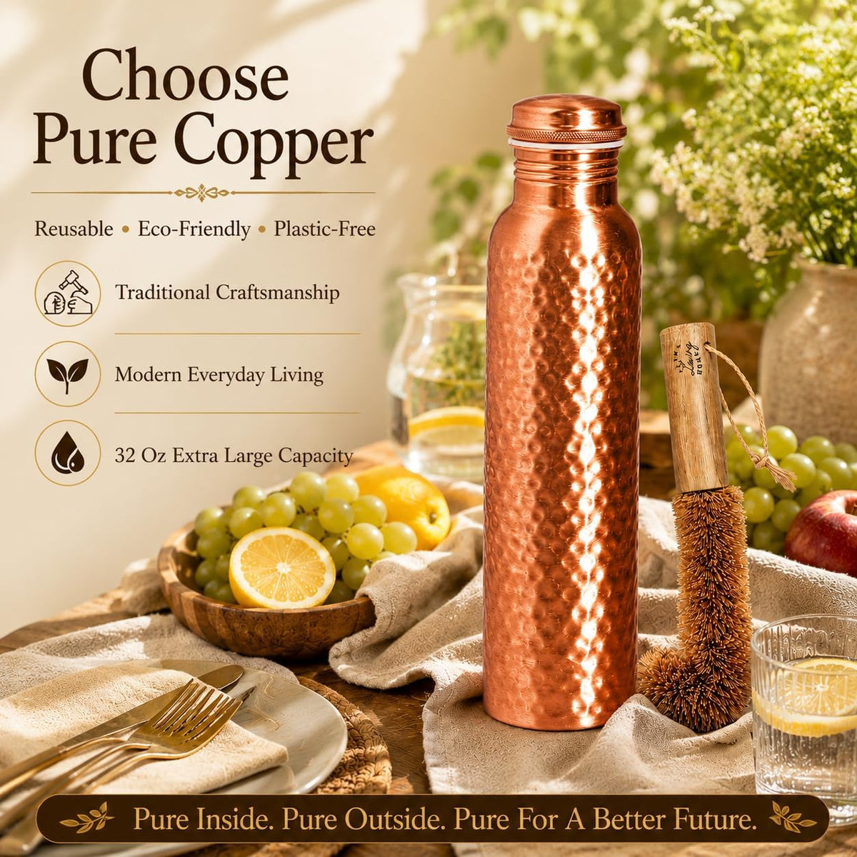 Copper Water Bottle, Pure Copper Drinking Bottle 32 Oz, Hammered, Ayurvedic