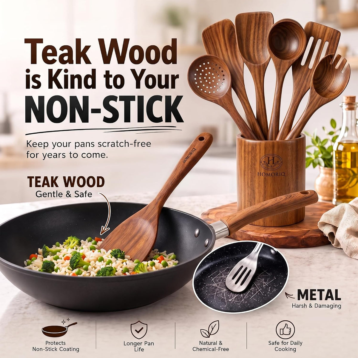 9 Piece Premium Teak Wooden Cooking Utensils Set- Spoons and Spatulas with Holder and Spoon Rest, Heat-Resistant, Non-Stick Safe, Lightweight Kitchen Tools (9)