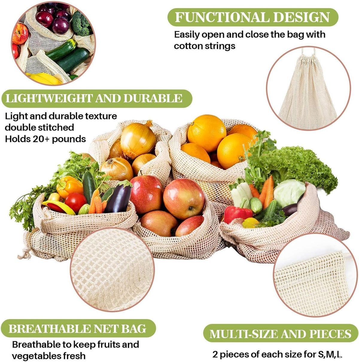 Reusable Cotton Mesh Produce Bags - 6 Pack Mesh Storage Produce Bag | Durable Double Stitched Bags with Drawstring for Vegetables, Fruit and Grocery Shopping, 2L, 2M and 2S