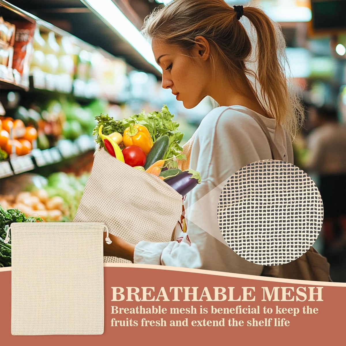 Reusable Cotton Mesh Produce Bags - 6 Pack Mesh Storage Produce Bag | Durable Double Stitched Bags with Drawstring for Vegetables, Fruit and Grocery Shopping, 2L, 2M and 2S