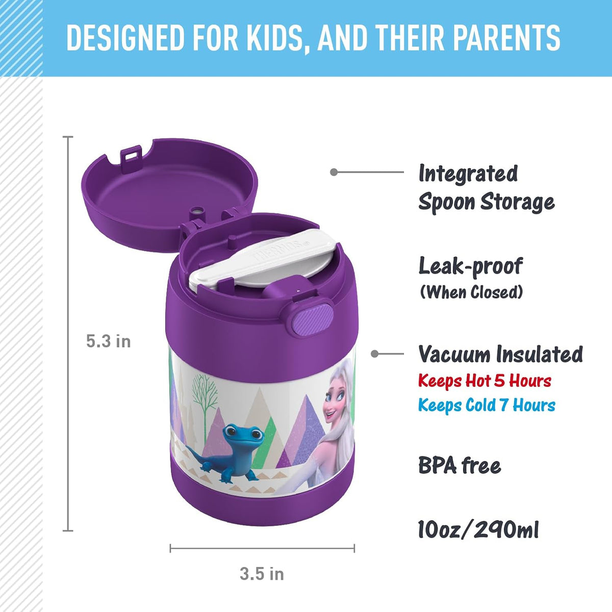 FUNTAINER Kids Food Jar with Spoon, 10Oz, Frozen 2 | Kid-Friendly Stainless Steel Insulated Food Container, Keeps Food Hot or Cold Longer for School & Play, BPA Free