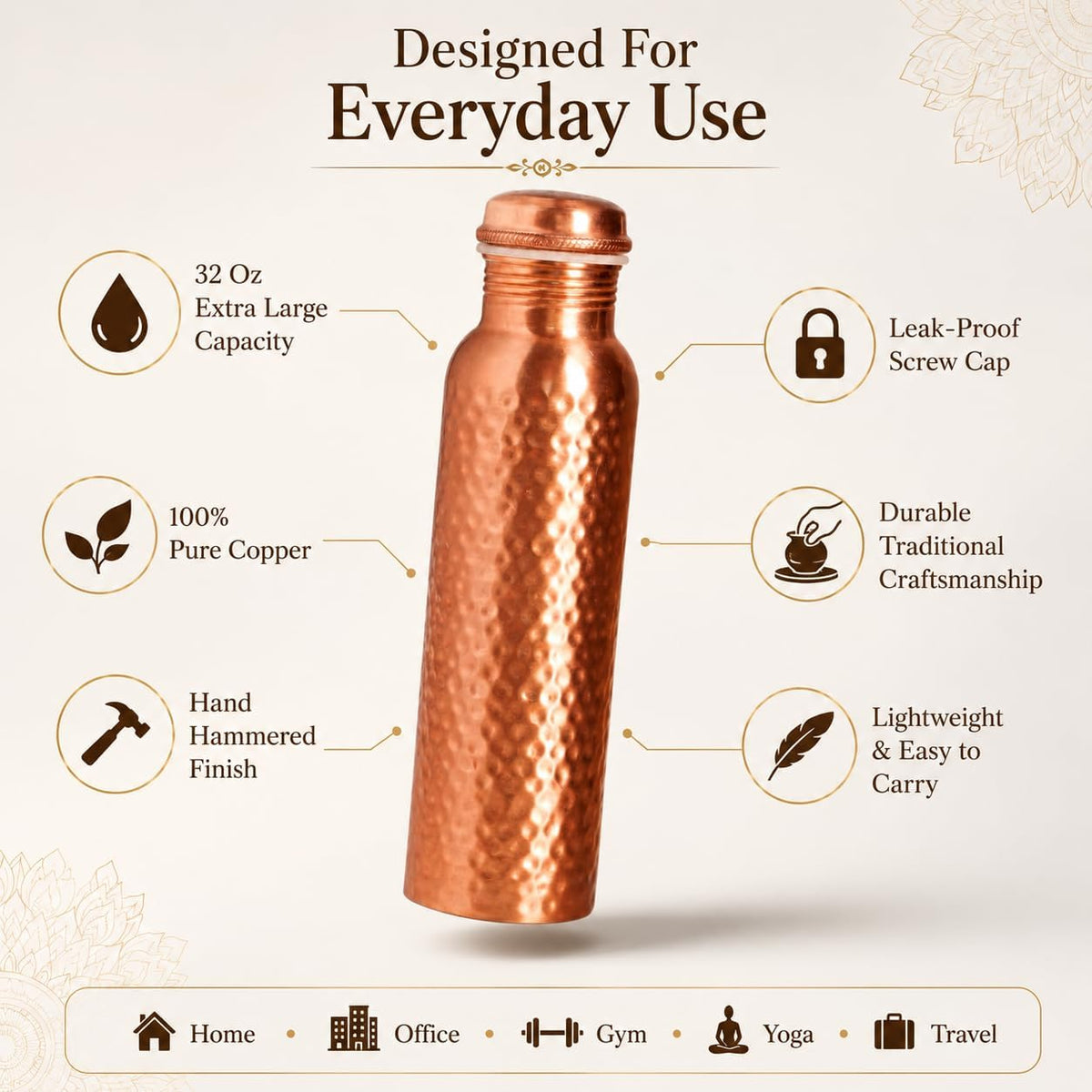 Copper Water Bottle, Pure Copper Drinking Bottle 32 Oz, Hammered, Ayurvedic