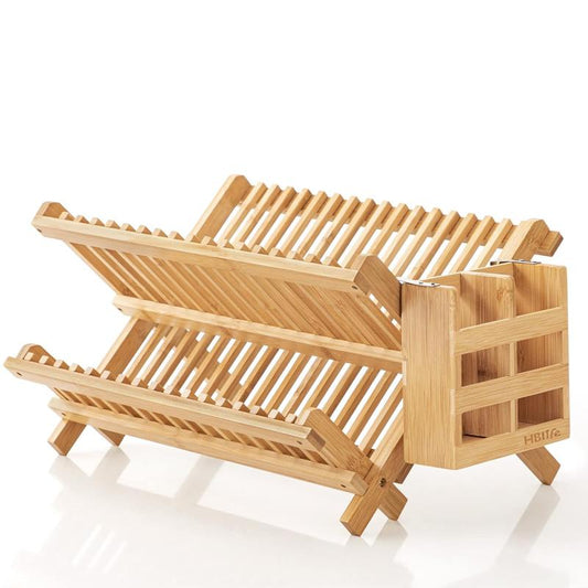 Bamboo 2-Tier Collapsible Dish Rack with Utensil Holder Set