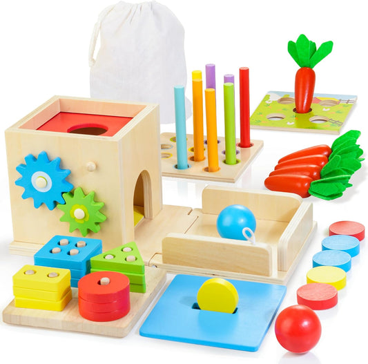 8-In-1 Wooden Educational Play Kit, Montessori Toys for 1 Year Old | One Year Old Birthday Gifts, Object Permanent Box, Coin Box, Carrot Harvest, Shape Sorting & Stacking, Fine Motor Skills