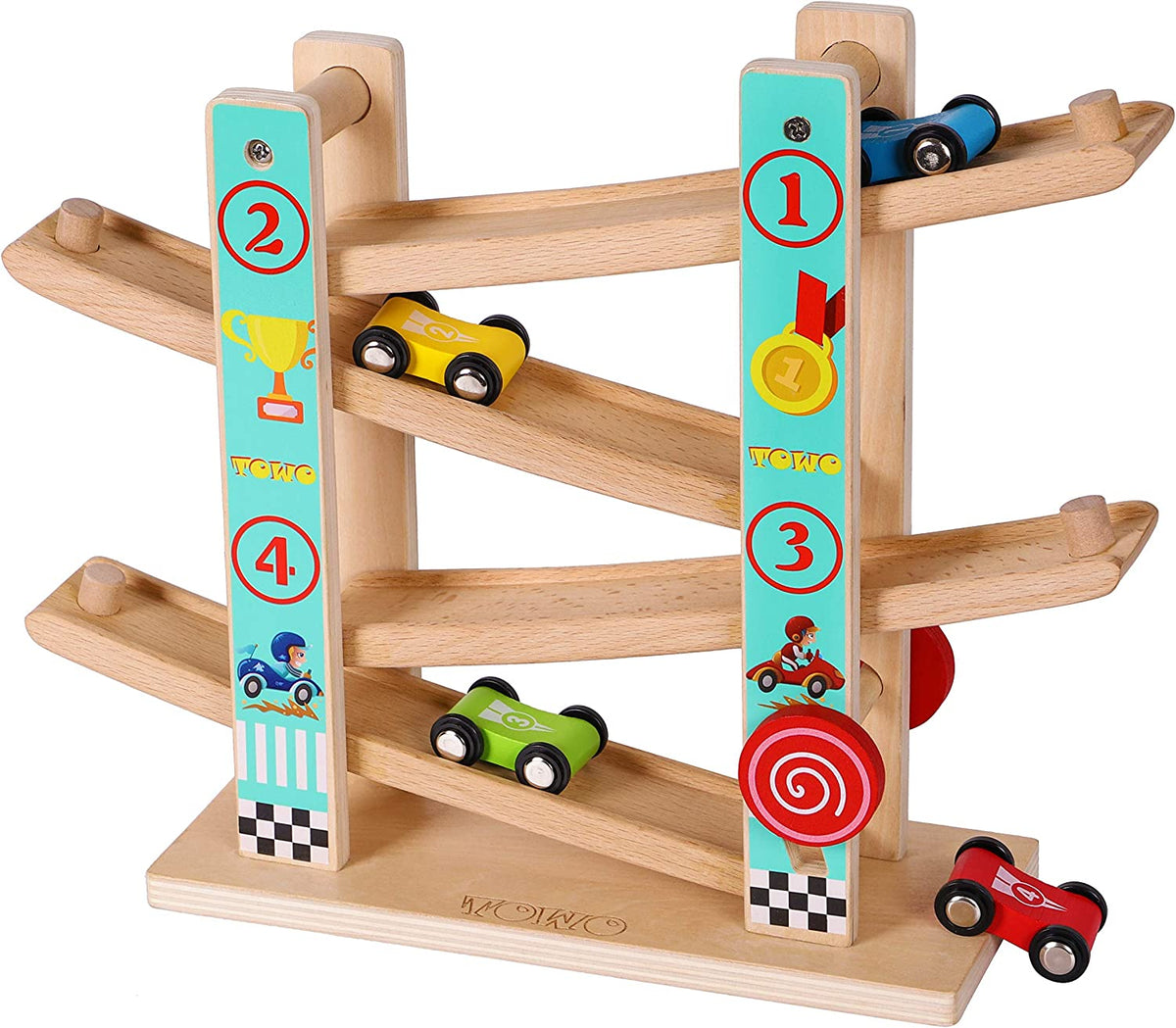 TOWO Wooden Car Ramp Toy, Beech Wood Zig Zag Race Track with 4 Cars | Includes 4 Wooden Cars for Click-Clack Racing Fun; Zig Zag Car Slide Supports Hand-Eye Coordination, Age 18M+