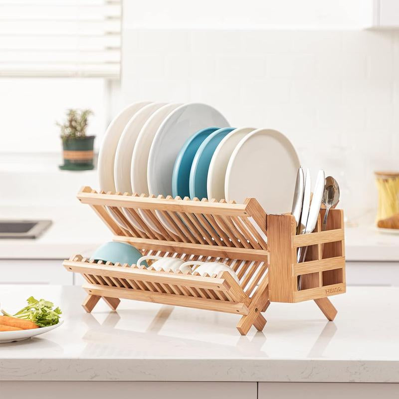 Bamboo 2-Tier Collapsible Dish Rack with Utensil Holder Set
