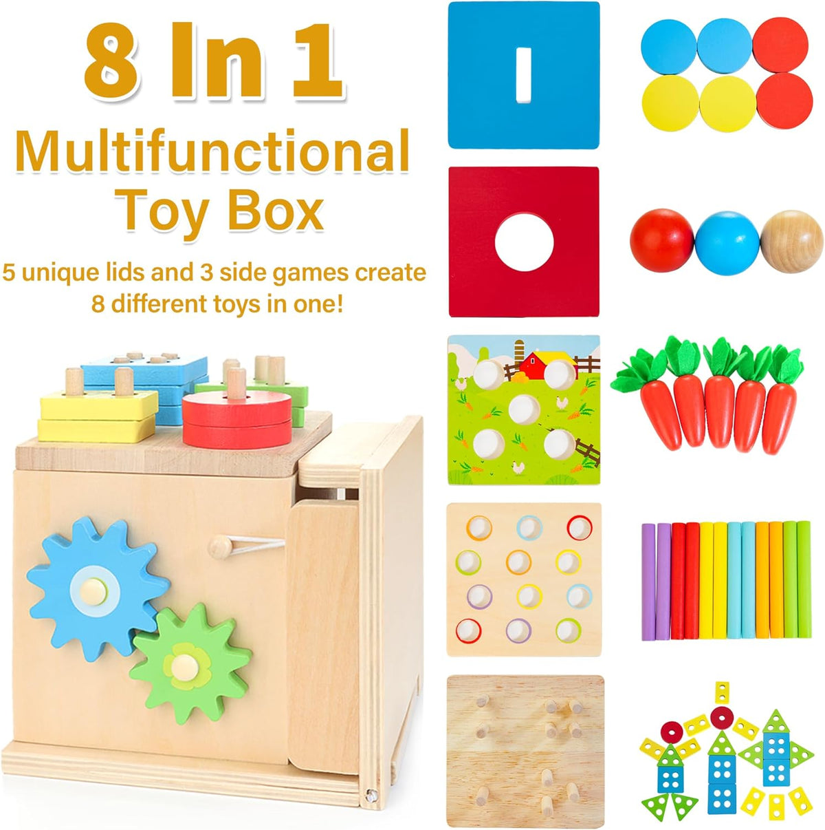 8-In-1 Wooden Educational Play Kit, Montessori Toys for 1 Year Old | One Year Old Birthday Gifts, Object Permanent Box, Coin Box, Carrot Harvest, Shape Sorting & Stacking, Fine Motor Skills