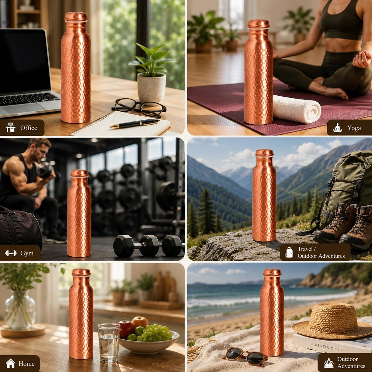 Copper Water Bottle, Pure Copper Drinking Bottle 32 Oz, Hammered, Ayurvedic