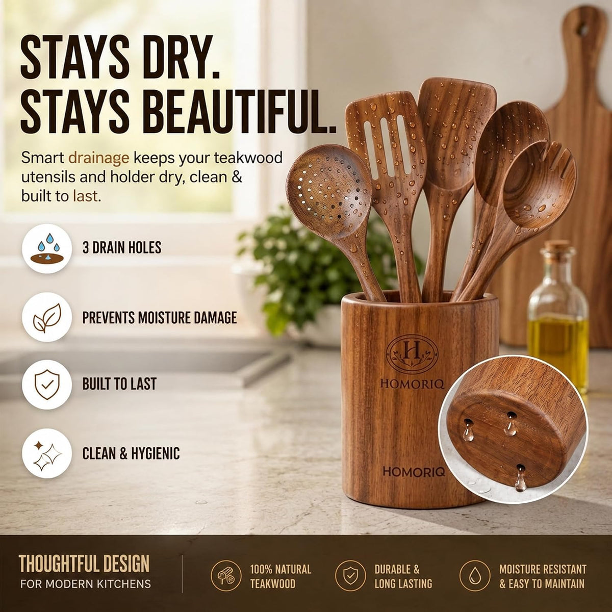 9 Piece Premium Teak Wooden Cooking Utensils Set- Spoons and Spatulas with Holder and Spoon Rest, Heat-Resistant, Non-Stick Safe, Lightweight Kitchen Tools (9)