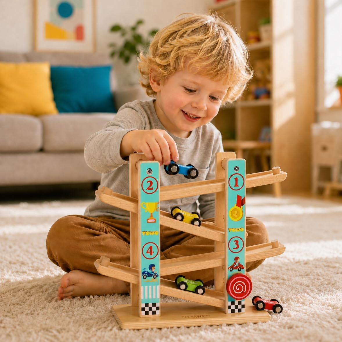 TOWO Wooden Car Ramp Toy, Beech Wood Zig Zag Race Track with 4 Cars | Includes 4 Wooden Cars for Click-Clack Racing Fun; Zig Zag Car Slide Supports Hand-Eye Coordination, Age 18M+