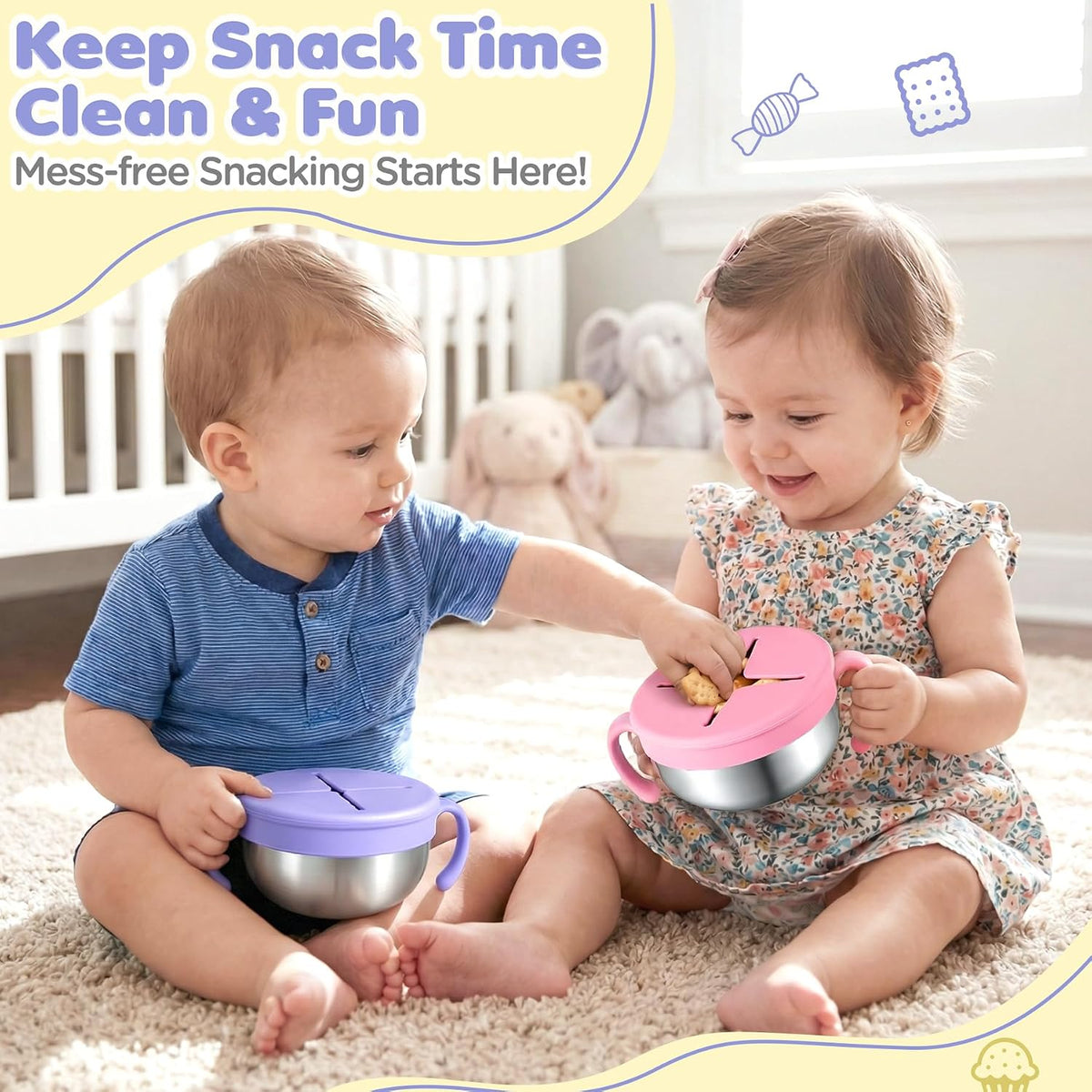 Snack Cups, 2 Pack Stainless Steel Toddler Snack Containers, Spill-Proof | Snack Bowls, Silicone Removable Lids & Handles, Food Storage Containers, Dishwasher Safe Snack Container, Baby Shower Gifts