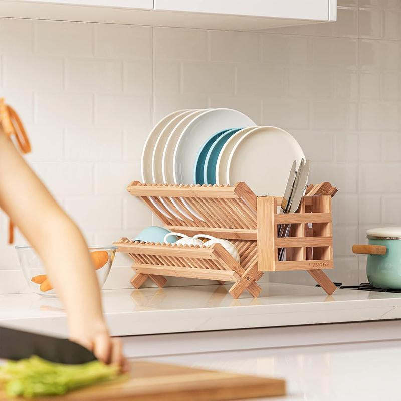 Bamboo 2-Tier Collapsible Dish Rack with Utensil Holder Set
