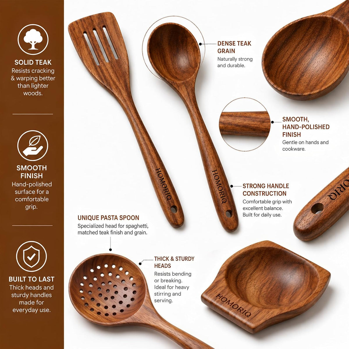 9 Piece Premium Teak Wooden Cooking Utensils Set- Spoons and Spatulas with Holder and Spoon Rest, Heat-Resistant, Non-Stick Safe, Lightweight Kitchen Tools (9)