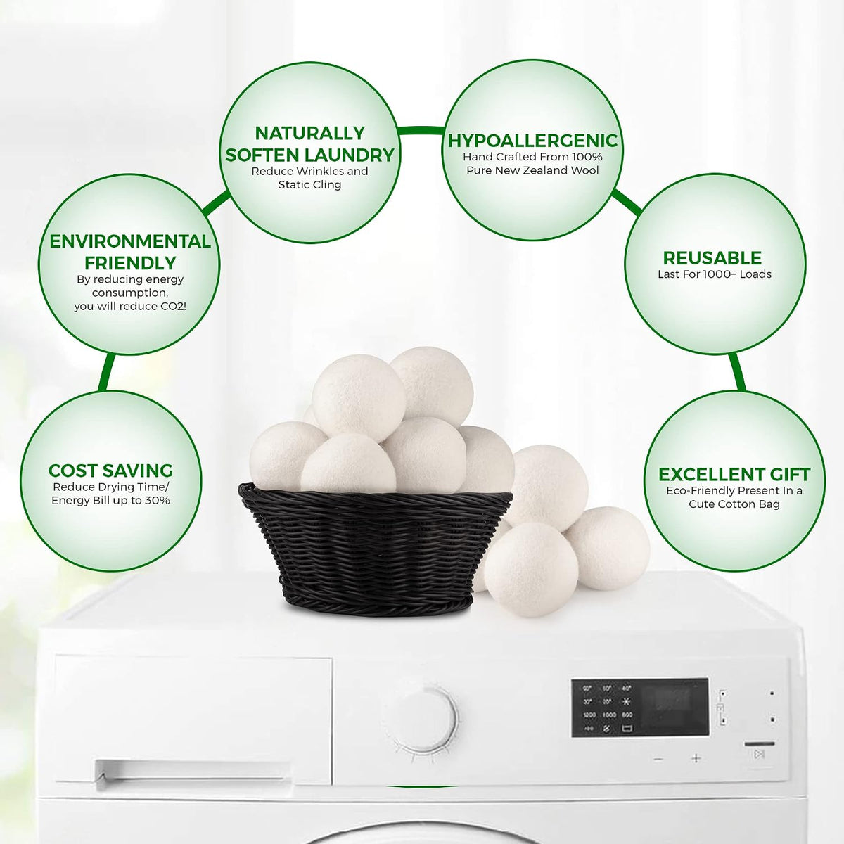 Wool Tumble Dryer Balls– Eco-Friendly Organic Fabric Softener, Reduce Wrinkles & Drying Time, save Energy, Reusable, Handmade, 100% New Zealand Wool, Baby Safe, Unscented, XL Size (Pack of 4)