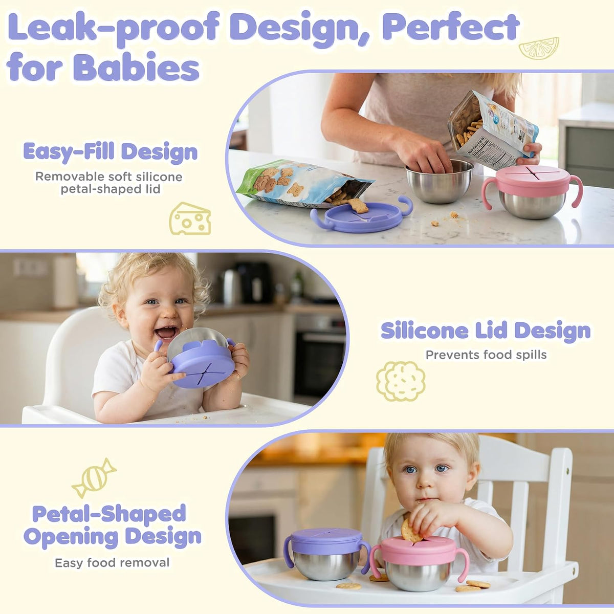 Snack Cups, 2 Pack Stainless Steel Toddler Snack Containers, Spill-Proof | Snack Bowls, Silicone Removable Lids & Handles, Food Storage Containers, Dishwasher Safe Snack Container, Baby Shower Gifts