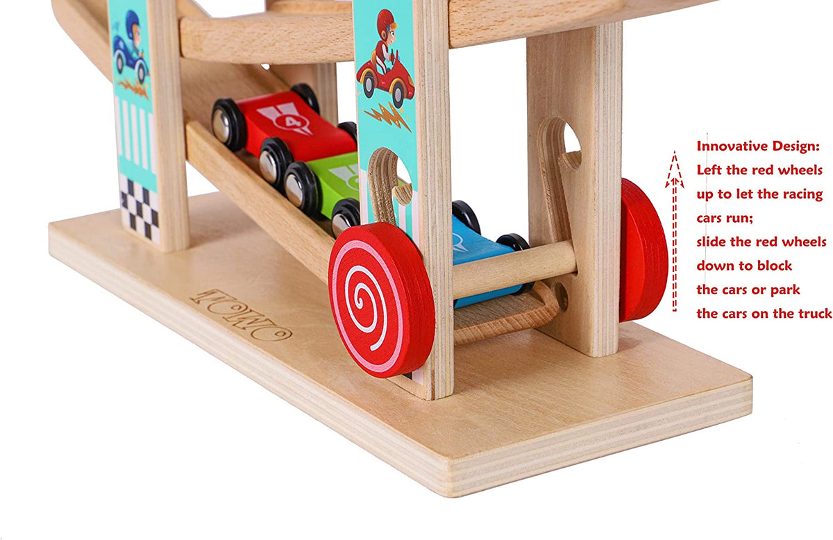 TOWO Wooden Car Ramp Toy, Beech Wood Zig Zag Race Track with 4 Cars | Includes 4 Wooden Cars for Click-Clack Racing Fun; Zig Zag Car Slide Supports Hand-Eye Coordination, Age 18M+