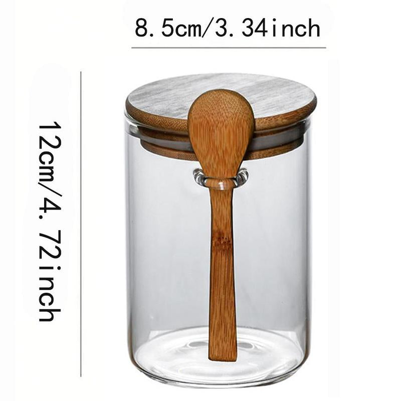 Round Glass Spice Jar with Bamboo Lid & Spoon, Clear Food Storage Container, Kitchen Utensils & Gadgets for Home