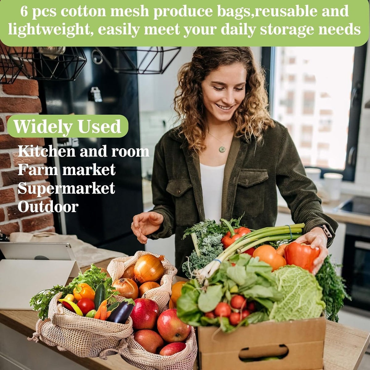 Reusable Cotton Mesh Produce Bags - 6 Pack Mesh Storage Produce Bag | Durable Double Stitched Bags with Drawstring for Vegetables, Fruit and Grocery Shopping, 2L, 2M and 2S