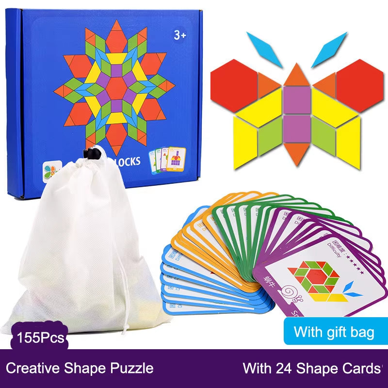 DIY Children'S Wooden Toys 155Pcs Wooden Jigsaw Puzzle Board Set Colorful Montessori Educational Toys for Children Kids Gift