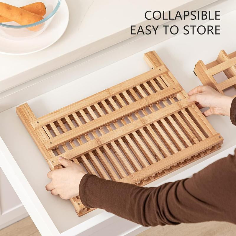 Bamboo 2-Tier Collapsible Dish Rack with Utensil Holder Set